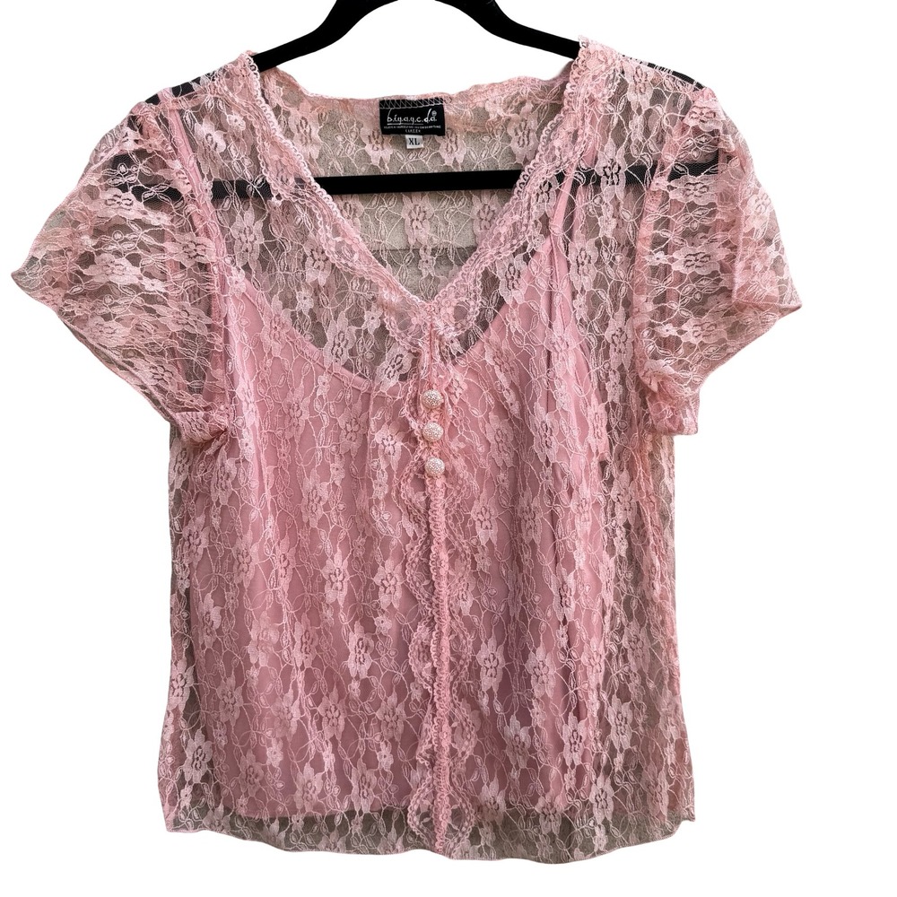 BIYAYCDA Y2K Coquette Balletcore Romantic Pink Floral Feminine Lace Blouse‎ XL